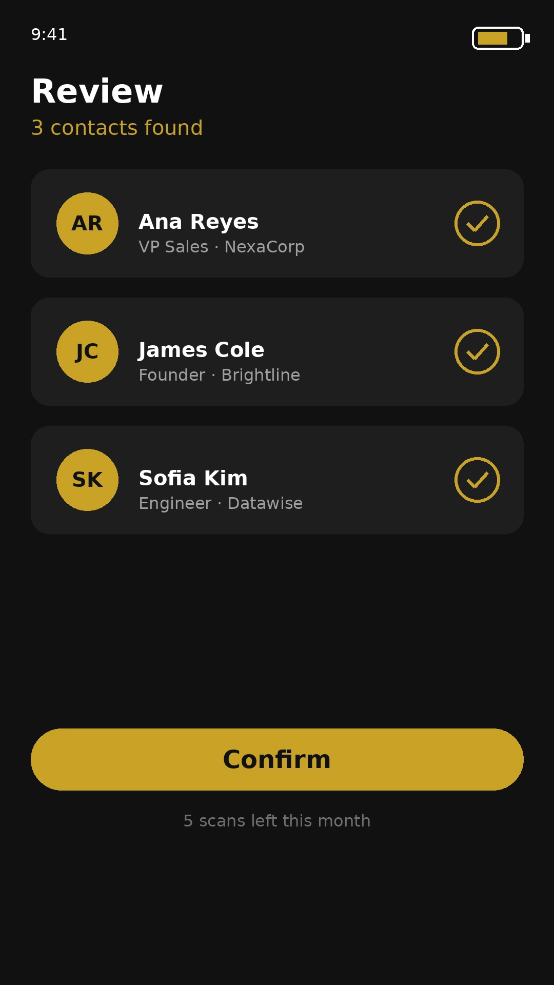 SnapLead review screen showing 3 extracted contacts ready to confirm